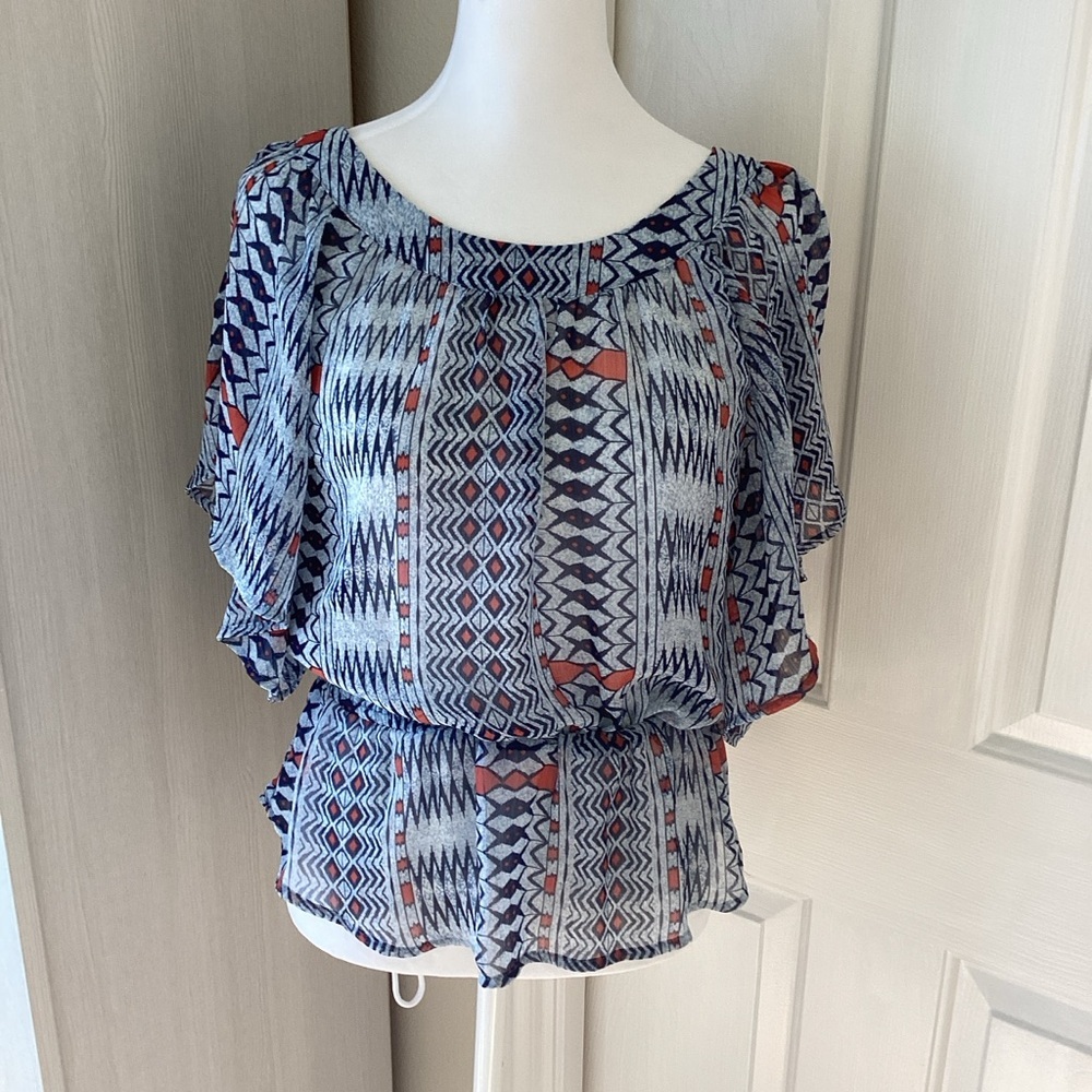 Dolled Up Aztec Pattern Blouse - Lt. Blue/Navy  with Coral accent Sz S